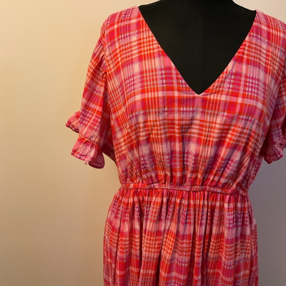 Terra & Sky Pink Plaid Ruffle Dress V-Neck Short Sleeve Plus Size 1X - Picture 6 of 11